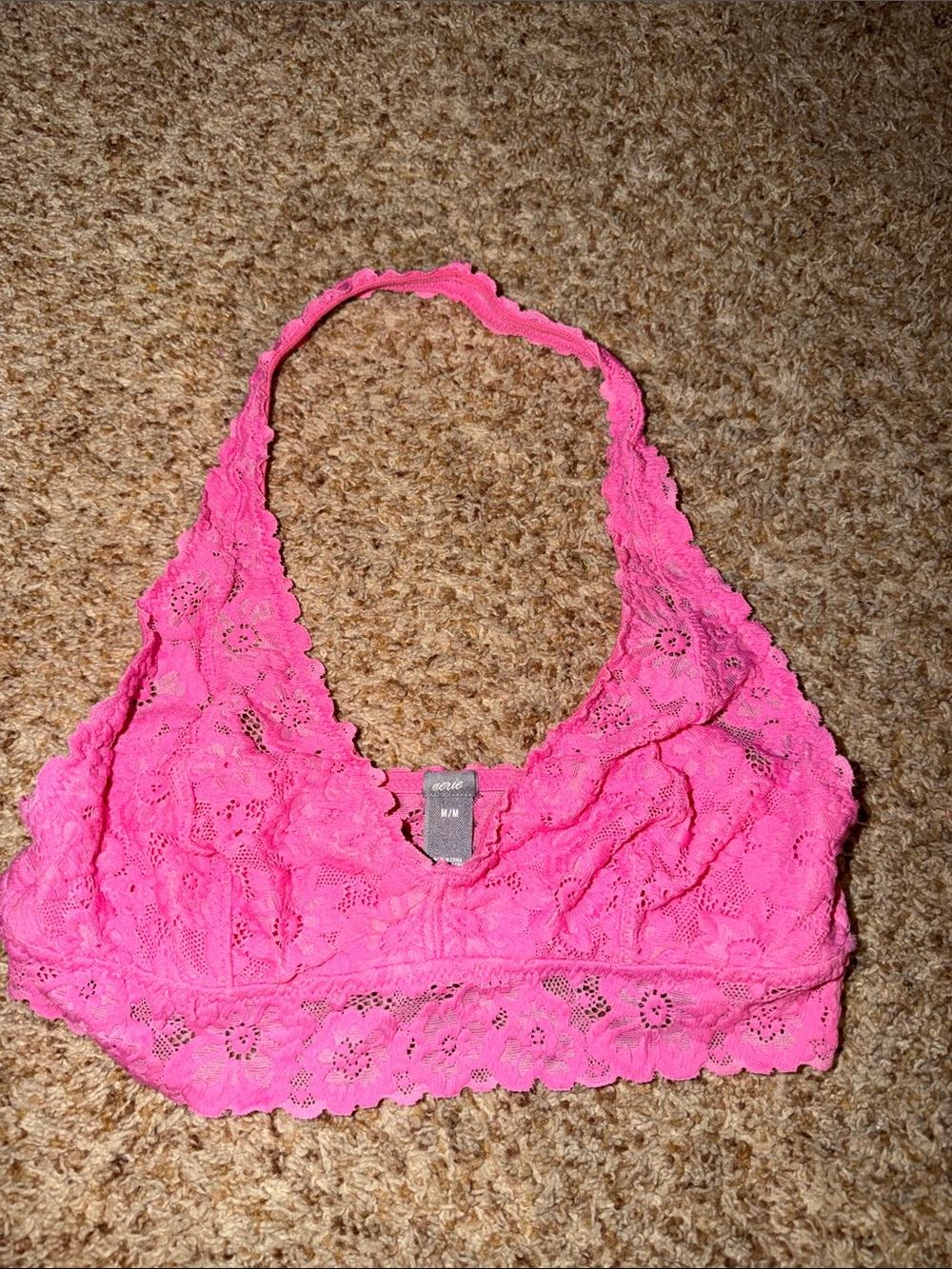 Bright Pink Lace Halter Bralette Aerie floral lace plunge with a scallop trim